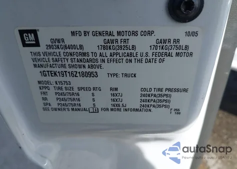 2006 GMC Sierra 1500 Sle1 из США, поврежденный, VIN 1GTEK19T16Z180953